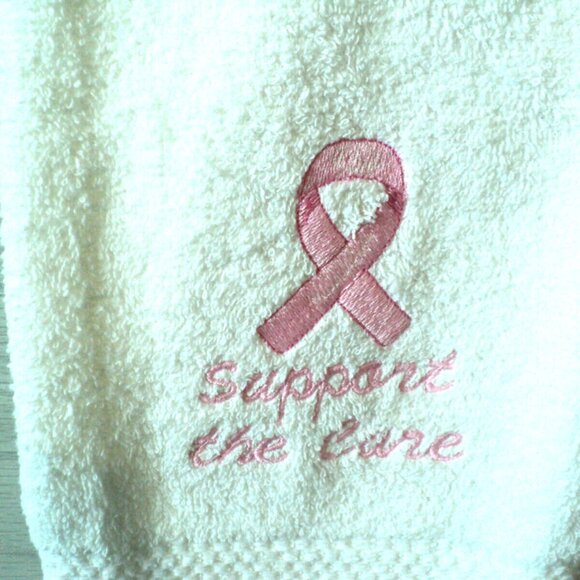 Breast Cancer Survivor Ribbon Embroidered Support the Cure White Hand Towel - Picture 2 of 4
